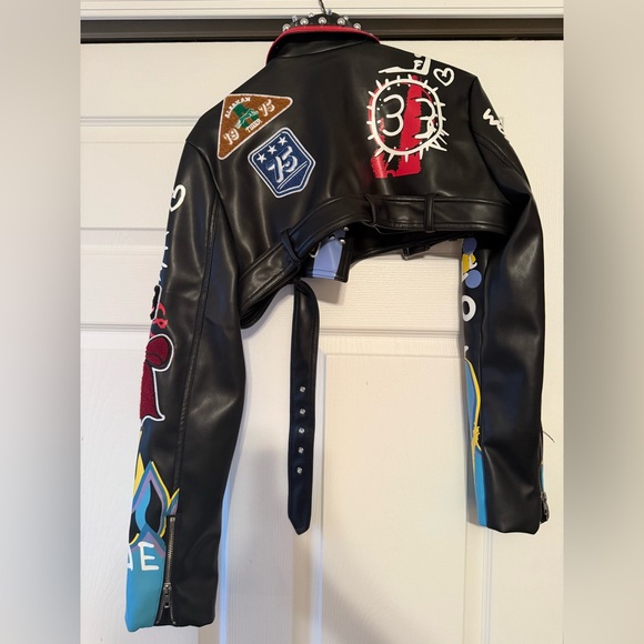 AKIRA Black Leather Jacket with Colorful Patches cropped - Picture 2 of 2